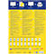 Yellow flyer with information on label printing, product illustrations and logos.