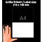 On a black background, a hand next to a white sheet of paper. At the top it says "Größe Etikett / Label size: 210 x 148 mm". The paper says "A4".