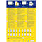 Yellow flyer with information about label design. Symbols of computers, labels and printers are arranged at the top. Labels of various sizes are shown at the bottom.