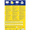 Yellow and blue poster with labels and logos.