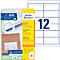 Package of Avery Zweckform universal labels with 12 labels and product information.