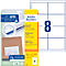 A package of Avery Zweckform universal labels with 8 labels, next to the package the labels themselves.