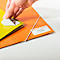 A hand peels a sticker from a yellow folder. Stickers with text 'Angebot Fa. Mayer' on an orange folder.
