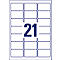 A sheet of white labels with rectangular blue borders, with the number 21 in blue in the center.