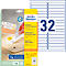 Package of removable universal labels from Avery Zweckform. Yellow background, a hand sticks a label on documents.
