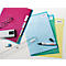 Colorful folders and office supplies on white table. Notes with offers, projects, glasses, pen and ruler.
