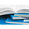 Open book pages with stacked notebooks with blue covers and "Zweckform" print.