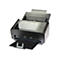Schwarzer Dokumentenscanner mit offenem Deckel und Papierschacht. Das Display ist an.