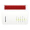 Weißer Router mit rotem Lüftungsgitter und Leuchten. Rechts: Power, WLAN, Fon/DECT, Connect/WPS, Info.