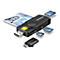 Schwarzer Axagon Kartenleser mit USB-Stecker, Chipkartenleser-Funktion, verschiedenen Speicherkarten und ID-Karte.