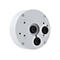 Gros plan d'une caméra ronde blanche avec trois connecteurs noirs et des vis.
