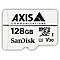 Carte MicroSD blanche de 128 Go avec le logo AXIS, la marque SanDisk et les spécifications techniques.