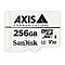 Une carte MicroSD blanche avec du texte noir. Elle affiche la marque Axis Communications, 256 Go, SanDisk et d'autres symboles.
