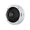 Caméra de surveillance ronde, boîtier blanc, objectif noir, vis argentées. Avec le logo Axis.