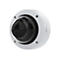Une caméra de sécurité blanche avec un objectif noir en forme de dôme sur fond blanc. Le logo Axis est visible.