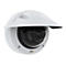 Caméra de sécurité blanche avec pare-soleil. Objectifs noirs dans un dôme. Le logo 'AXIS' est visible en bas.