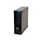 Schwarzer Computer-Tower, Frontansicht, mit Logos und Anschlüssen. Der Tower steht vor weißem Hintergrund.