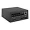 Schwarzes elektronisches Gerät mit Anschlüssen für Kameras, Audio, Strom und Netzwerk. Beschriftung: CAM 1-4, AUDIO IN 1+2, PoE, RS485.