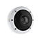 Runde Überwachungskamera, weißes Gehäuse, schwarzes Linsenzentrum, Firmenlogo.