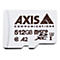 Nahaufnahme einer weißen AXIS-MicroSD-Karte, die 512 GB Speicher anzeigt. Auf der Karte stehen Logos und Schriftzüge.