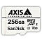 Eine weiße MicroSD-Karte mit schwarzem Schriftzug. Oben steht 'AXIS COMMUNICATIONS', darunter '256GB' und 'SanDisk'.
