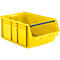Bac de rangement jaune en plastique avec une barre transversale noire sur fond blanc.