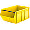 Bac de rangement jaune en plastique avec une ouverture frontale et une barre transversale noire.