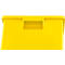 Une boîte de rangement en plastique jaune vif, vide, dotée d'une poignée moulée sur le dessus.