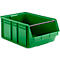 Bac de rangement en plastique vert avec barre de renfort noire sur fond neutre.