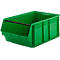 Un bac de stockage en plastique vert ouvert avec une barre transversale noire sur fond blanc.