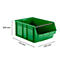 Bac à bec en plastique vert avec dimensions : 300 mm de haut, 715 mm de long, 470 mm de large.