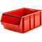 Bac de rangement en plastique rouge, ouvert, avec une barre de poignée noire sur fond blanc.