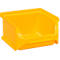 Bac de rangement jaune en plastique avec ouverture frontale pour organiser les petites pièces.