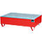 Bac de rétention, pour 2 fûts de 200 l, avec grille galvanisée, L 1200 x l 800 x H 360 mm, accessible par le dessous, acier, rouge flamme RAL 3000