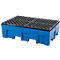 Bac de rétention, pour 2 fûts de 200 l chacun, avec ouvertures pour transpalette, L 865 x P 1245 x H 350 mm, avec grille en polyéthylène, polyéthylène, bleu