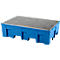 Bac de rétention, pour 2 fûts de 200 l chacun, avec ouvertures pour transpalette, L 865 x P 1245 x H 350 mm, avec grille galvanisée, polyéthylène, bleu
