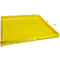 Bac de récupération jaune, rectangulaire, avec coins pliés, bande noire. Semble être en matériau souple.