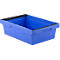 Boîte en plastique bleue avec poignées. La boîte a un cadre noir et se dresse sur un fond blanc.