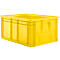 Boîte en plastique jaune avec poignées. Rectangulaire avec côtés nervurés et coins renforcés.