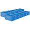Boîtes en plastique bleu clair, empilées. Les boîtes sont rectangulaires avec des poignées.