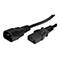 Schwarzes Kaltgerätekabel mit C13-Buchse und C14-Stecker vor weißem Hintergrund.