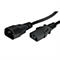Schwarzes Kaltgerätekabel mit C13-Buchse und C14-Stecker vor weißem Hintergrund.