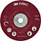 Red grinding disc with specifications like 3M 64861 and technical details. The image also shows symbols for safety precautions.