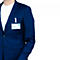 Veste de costume bleue avec badge. Texte: Réutilisable pour plusieurs événements.