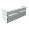 A modern reception desk in white and gray. It has a long, rectangular shape with integrated shelves.