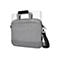 Graue Laptoptasche mit Laptop, Tragegriff und Schulterriemen vor weißem Hintergrund.