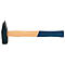 A hammer with a wooden handle and blue grip. The hammer head is black.
