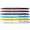 Six colored ballpoint pens from Schneider. Black, red, blue, turquoise, yellow and white, with silver details.