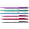 Six pastel-colored ballpoint pens, each with silver cap and Schneider inscription.