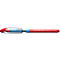 Red ballpoint pen with blue grip, transparent case and red tip, with the lettering 'Schneider'.